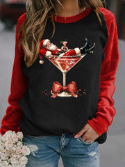 Women's Santa Claus and red wine glass print raglan sleeve sweatshirt