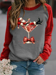 Women's Santa Claus and red wine glass print raglan sleeve sweatshirt