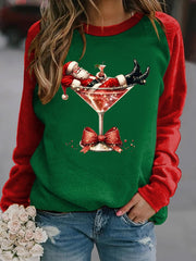 Women's Santa Claus and red wine glass print raglan sleeve sweatshirt