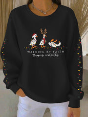 Women's Funny Christmas Goose Walking By Faith Tripping Constantly Ribbed Round-Neck Sweatshirt