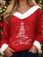 Women's Merry Christmas Jesus Christmas Tree Cross Print Casual Fur-Collar Top