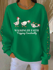Women's Funny Christmas Goose Walking By Faith Tripping Constantly Ribbed Round-Neck Sweatshirt