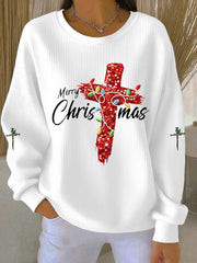 Women's Merry Christmas Cross Ribbed Round-Neck Sweatshirt