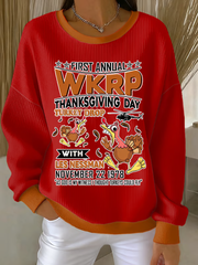 Women's Thanksgiving Print Ribbed Round-Neck Sweatshirt