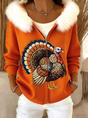 Women's Thanksgiving Turkey Print Hooded Coat With Fur Collar