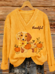 Women's Thanksgiving Give Thanks Sausage Dog Pumpkin Print Top