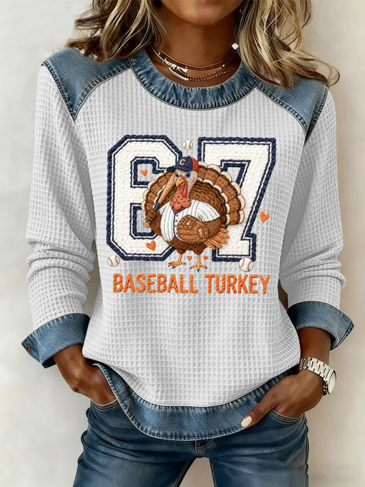 Women's Thanksgiving Baseball Turkey Denim Patchwork Waffle Top