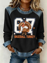 Women's Thanksgiving Baseball Turkey Denim Patchwork Waffle Top