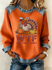 Women's WTF Wine Turkey Family Thanksgiving Print Casual Sweatshirt