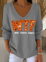 Women's WTF Wine Turkey Family Funny Thanksgiving Long-Sleeve Top