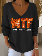 Women's WTF Wine Turkey Family Funny Thanksgiving Long-Sleeve Top