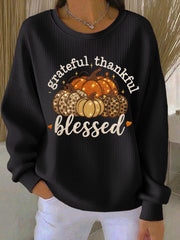 Women's Thankful Grateful & Blessed Thanksgiving Ribbed Round-Neck Sweatshirt