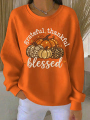 Women's Thankful Grateful & Blessed Thanksgiving Ribbed Round-Neck Sweatshirt