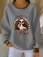 Women's Thanksgiving Print Ribbed Round-Neck Sweatshirt
