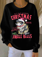 Women's Christmas cat print Ribbed Round-Neck Sweatshirt
