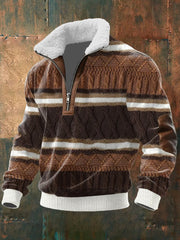 Men's Retro Color Block Print Casual Fur Collar Zip-up Hoodie