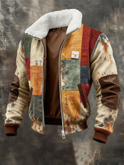 Men's Retro Color Block Print Casual Fur Collar Zip-up Sweatshirt