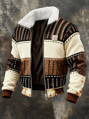 Men's Retro Color Block Print Casual Fur Collar Zip-up Sweatshirt