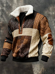 Men's Retro Color Block Print Casual Fur Collar Zip-up Hoodie