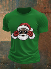 Men's Christmas Black Santa Claus Print Casual Tee