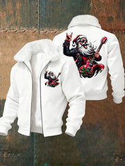 Men's Christmas Rock Santa Claus Print Fur Collar Zip-Up Jacket