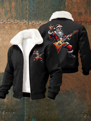 Men's Christmas Rock Santa Claus Print Fur Collar Zip-Up Jacket