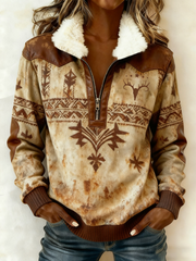 Women's Vintage Western Printed Casual Composite Fleece Hoodie