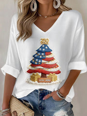 Women's Anniversary Christmas Tree Print Casual T-Shirt