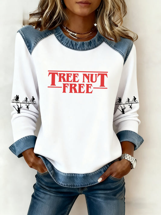 Women's Stranger Things Tree Nut Free Denim Patchwork Sweatshirt