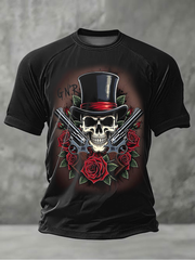 Men's Retro Rock Skull And Rose Print Short Sleeves T-shirt