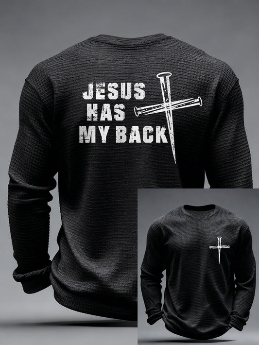 Men's Jesus Has My Back Cross Faith Print Casual Waffle Long Sleeve T-Shirt
