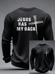 Men's Jesus Has My Back Cross Faith Print Casual Waffle Long Sleeve T-Shirt