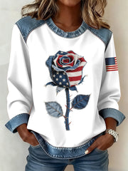 Women's Flag Inspired Rose Pattern Denim Patchwork Sweatshirt