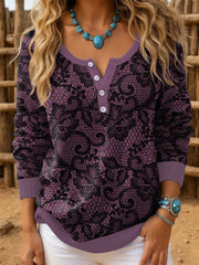 Women‘s Vintage Western Lace Print Long SleeveTop