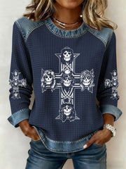 Women's Rock Print Denim Patchwork Top