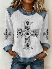 Women's Rock Print Denim Patchwork Top