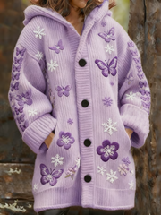 Women's Retro Purple Printed Composite Fleece Long Coat