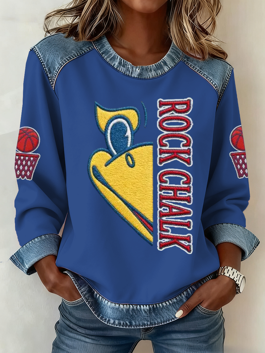 Women's Basketball Print Denim Patchwork Top