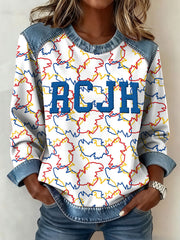Women's Basketball Lover University Printed Denim Patchwork Top