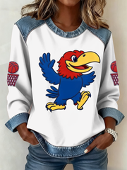 Women's Retro American Basketball Kansas Jayhawks Print Denim Patchwork Top