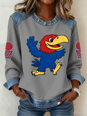 Women's Retro American Basketball Kansas Jayhawks Print Denim Patchwork Top