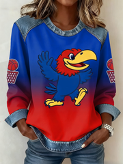 Women's Retro American Basketball Kansas Jayhawks Print Denim Patchwork Top