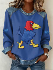 Women's Retro American Basketball Kansas Jayhawks Print Denim Patchwork Top