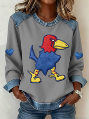Women's Retro American Basketball Kansas Jayhawks Print Denim Patchwork Top