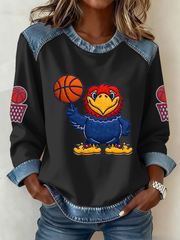 Women's Retro American Basketball Kansas Jayhawks Print Denim Patchwork Top