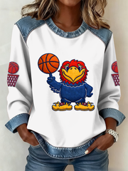 Women's Retro American Basketball Kansas Jayhawks Print Denim Patchwork Top