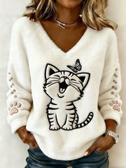 Women's Cute Cat And Paws Flannel V-Neck Top