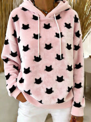Women's Cute Cat Art Print Casual Flannel Hoodie