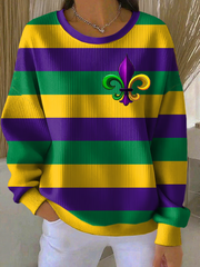 Women's Mardi Gras Fleur De Lis Ribbed Round-Neck Sweatshirt