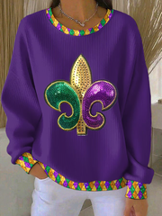 Women's Mardi Gras Fleur De Lis Ribbed Round-Neck Sweatshirt